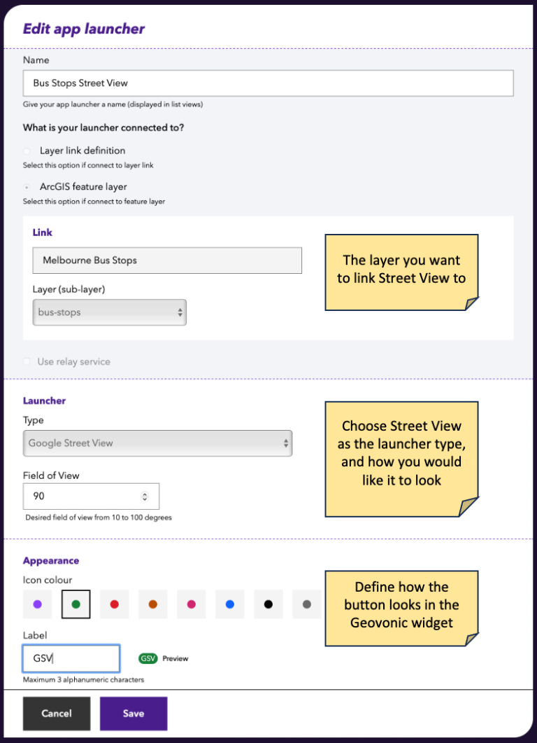 Geovonic Connect configuration page for an App Launcher using Google Street View