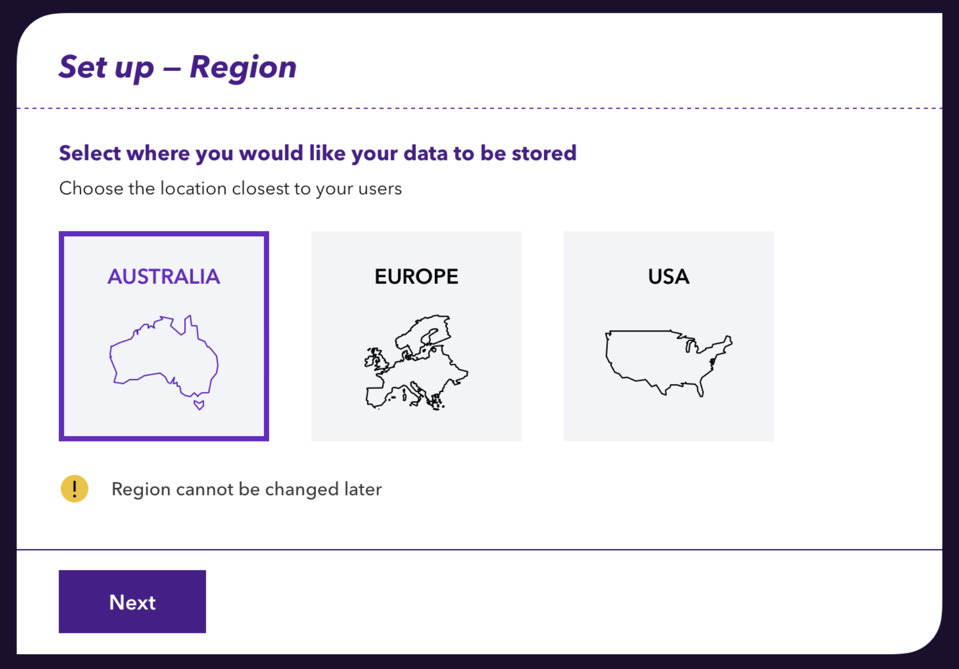 Region selector in the Geovonic Connect onboarding flow