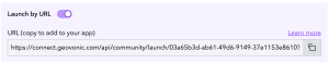 Geovonic Connect interface showing the 'Launch by URL' toggle and a generated URL for app integration.