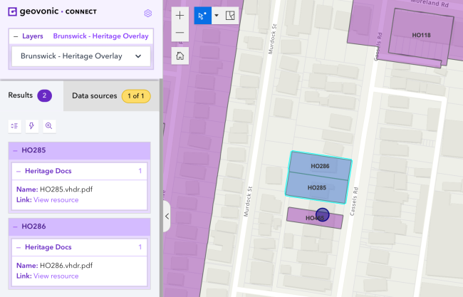 Screenshot showing the Geovonic Connect widget with two properties selected