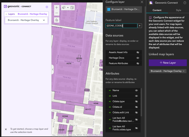 Screenshot of ArcGIS Experience Builder showing the Geovonic Connect properties panel